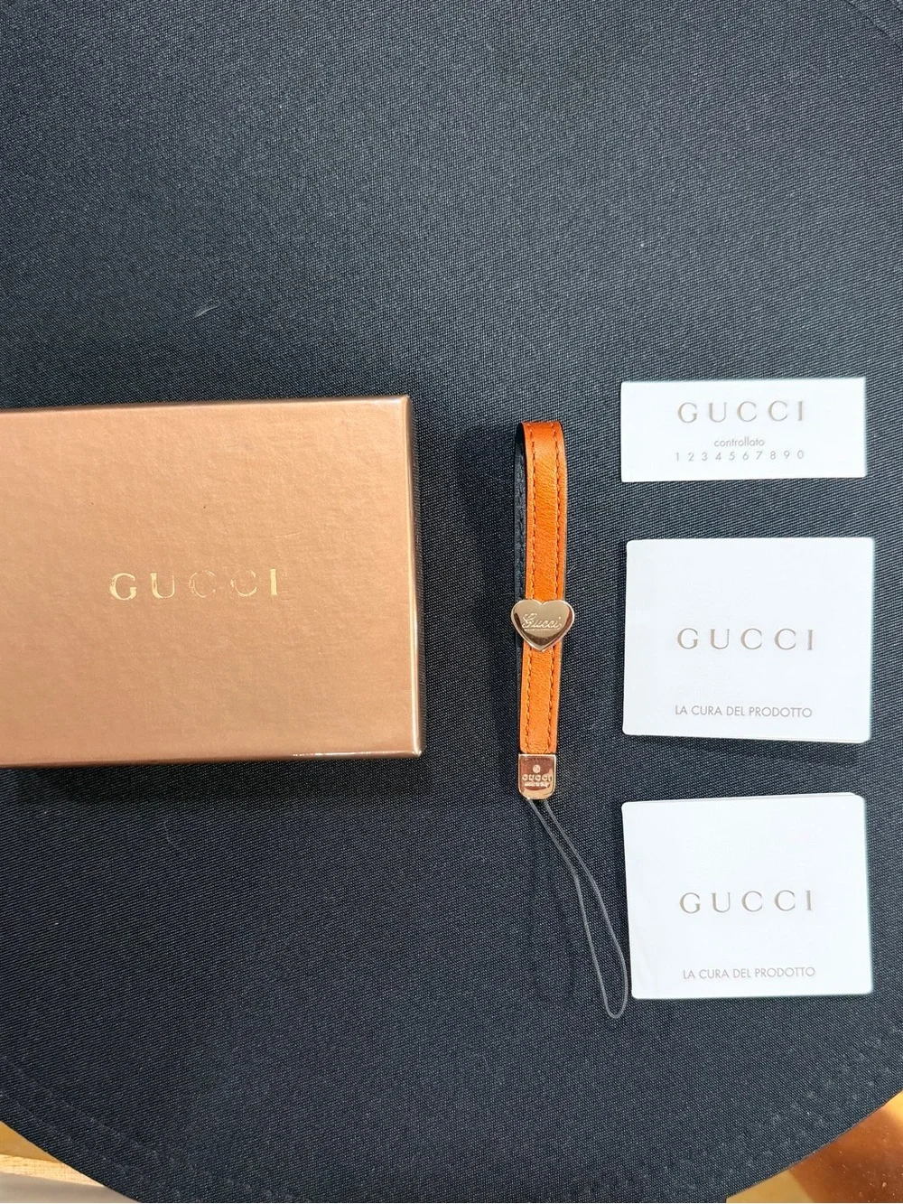 Gucci Lovely Heart Leather Cell Phone Strap Charm w/ Box & Papers